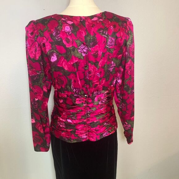 Silk Studios 80s Floral Velvet Dress Long Sleeve Ruched Midi Black Pink Size 10 - Picture 7 of 11